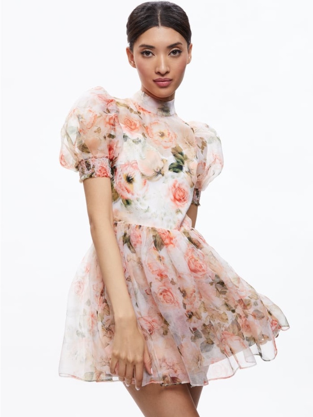 Alice + Olivia Peach Floral Puff-Sleeve Mini Dress